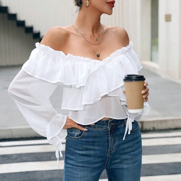 White Boho Womens Off Shoulder Ruffle Trim Flounce Sleeve Blouse - Picture 5 of 5